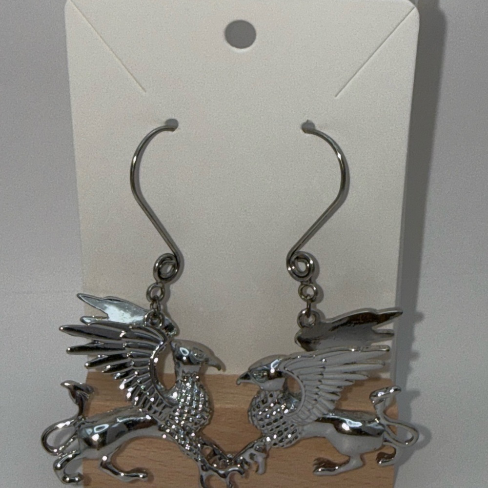 Silver Griffin Dangle Earrings - Mythical Winged Design